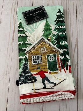 Tahari Home Green Red White Cabin Ski Holiday 3Pc Kitchen Towel Scene